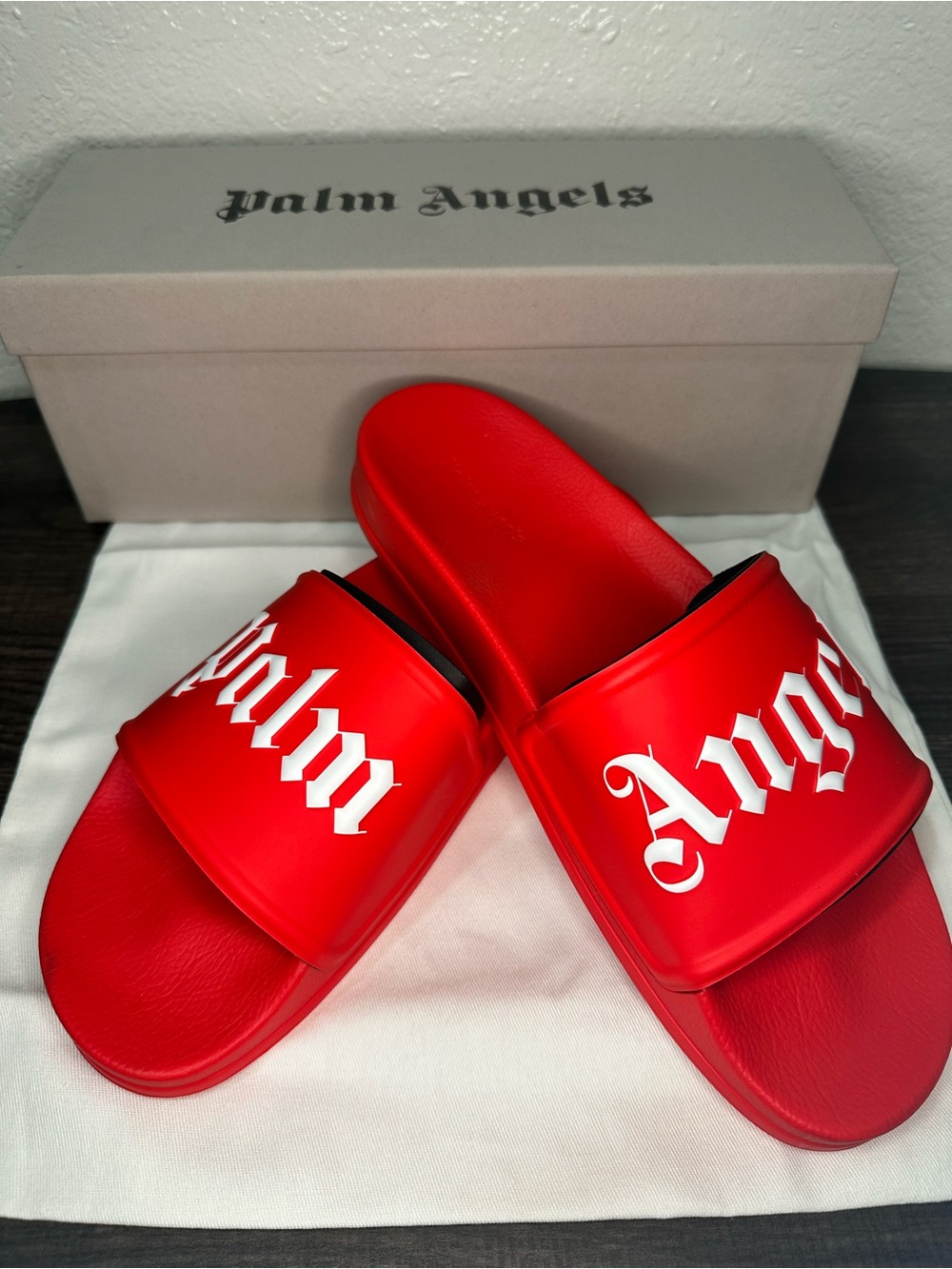 Men’s Palm Angels Red Slide Sandals with White Logo